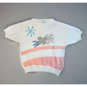 Alfred Dunner Y2K Knit Sweater Women L Floral Applique Short Sleeve 90s